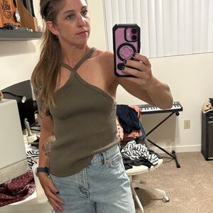 T.La Olive Ribbed Asymmetrical Halter Tank Top